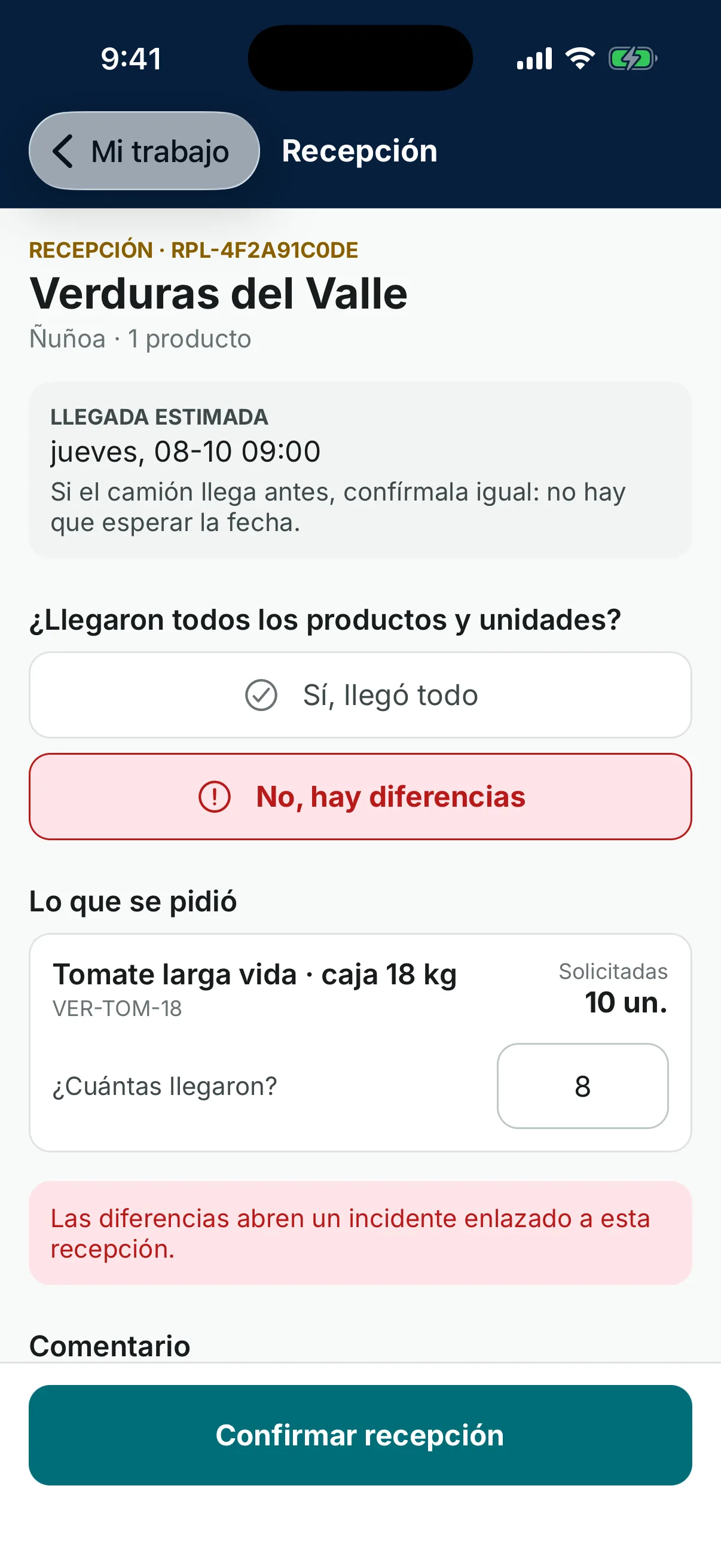 Pantalla de recepción en la app móvil de PulsoDelta: 10 cajas de tomates solicitadas, el jefe de local marca que hay diferencias e indica que llegaron 8