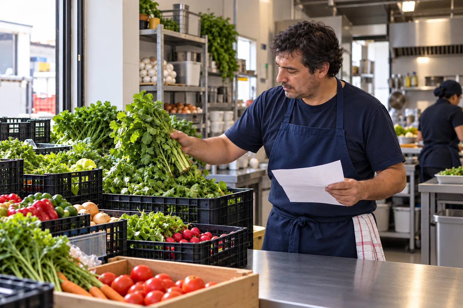 Encargado de cocina en un espacio limpio revisando productos frescos